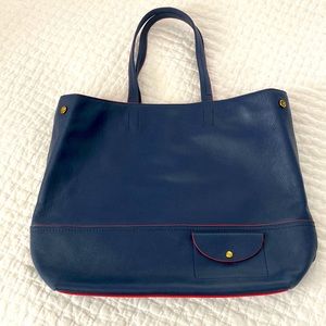 JCREW NEW Beautiful Navy leather tote w/ red piping, lots of pockets!